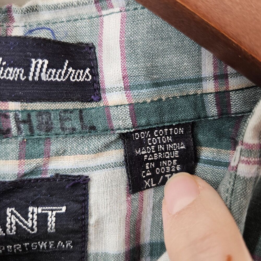 Gant Indian Madras Plaid Button Down Shirt XLT Green Grey Country Preppy Golf - Picture 5 of 10
